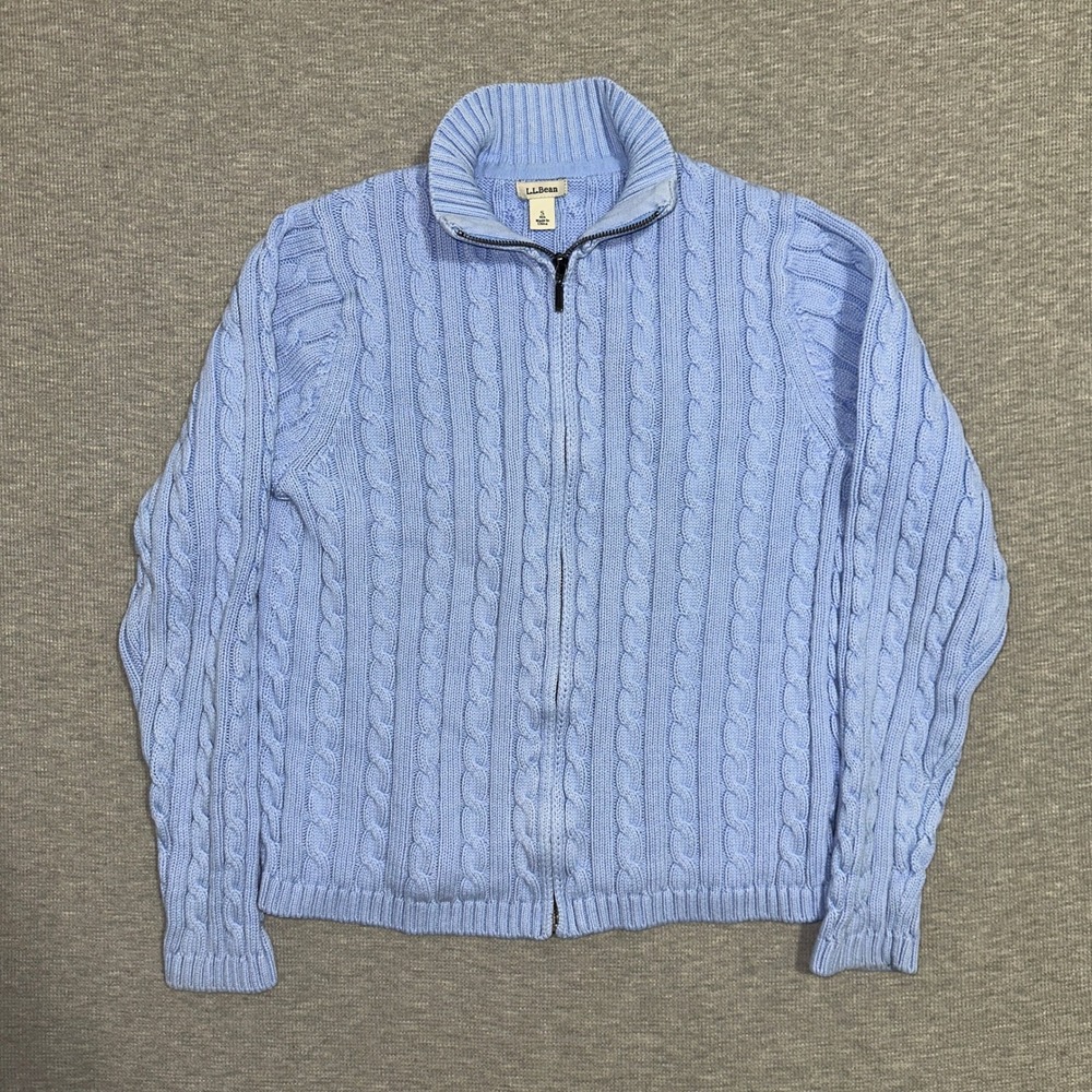 LL Bean Womens Light Blue Cable Knit Full Zip 100% Cotton Sweater S 243978